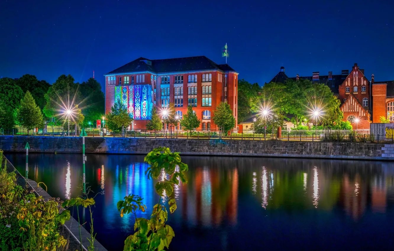 Photo wallpaper trees, night, lights, river, HDR, home, Germany, lights