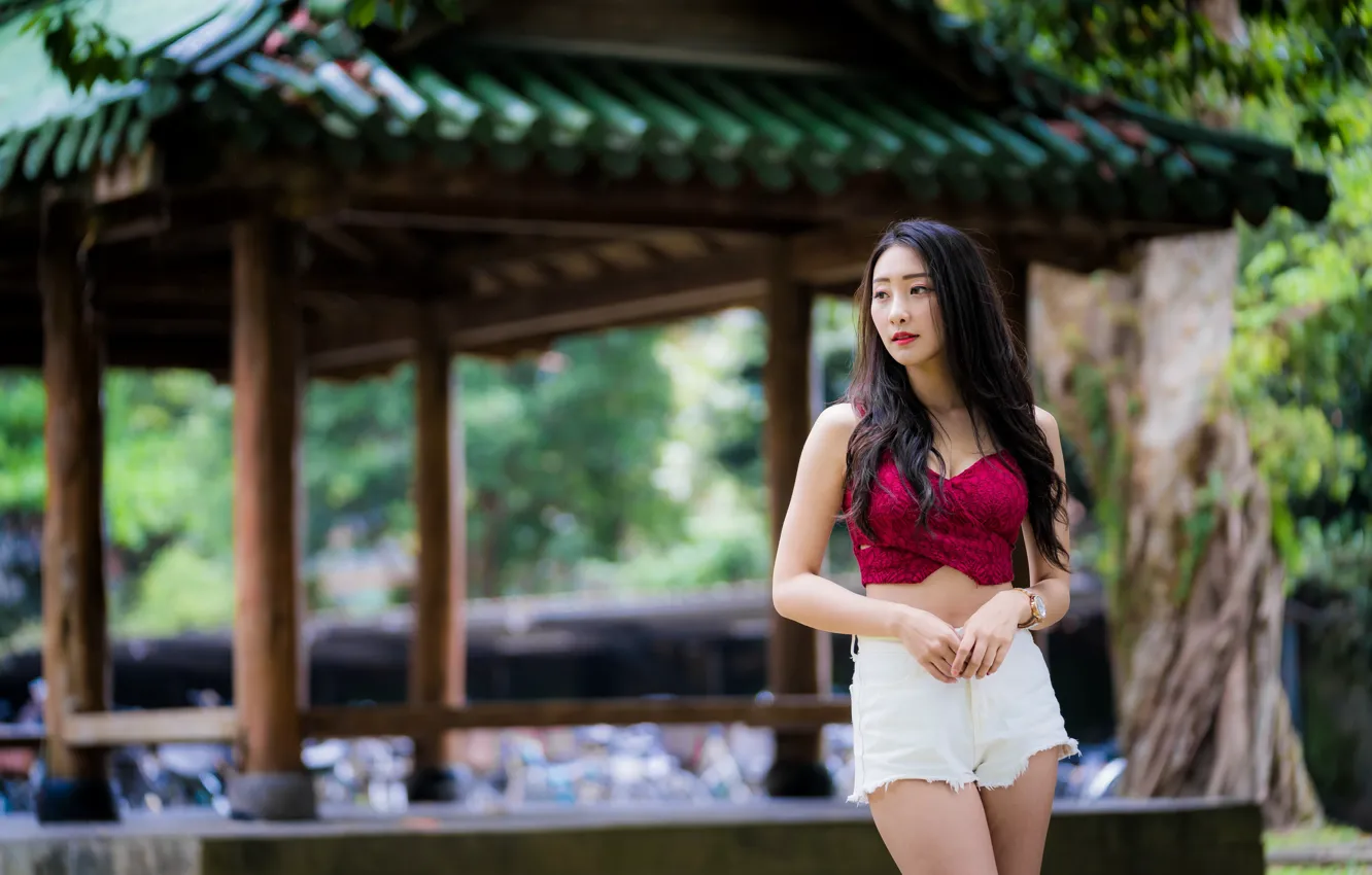 Photo wallpaper girl, hair, shorts, brunette, topic, Asian, bokeh