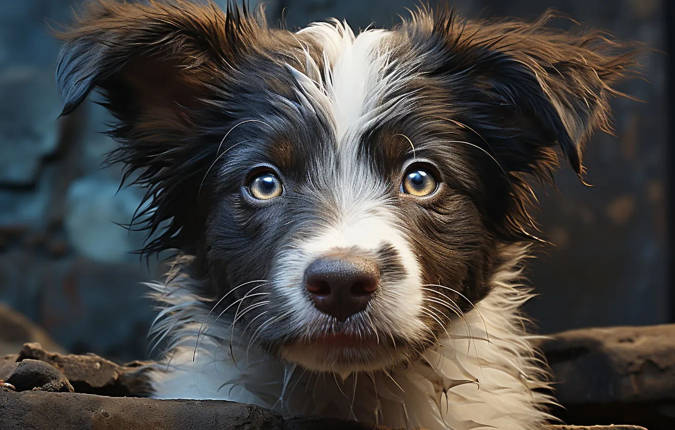 Photo wallpaper Dog, Look, Puppy, Digital art, The border collie, Face, AI art, The Art of Artificial …