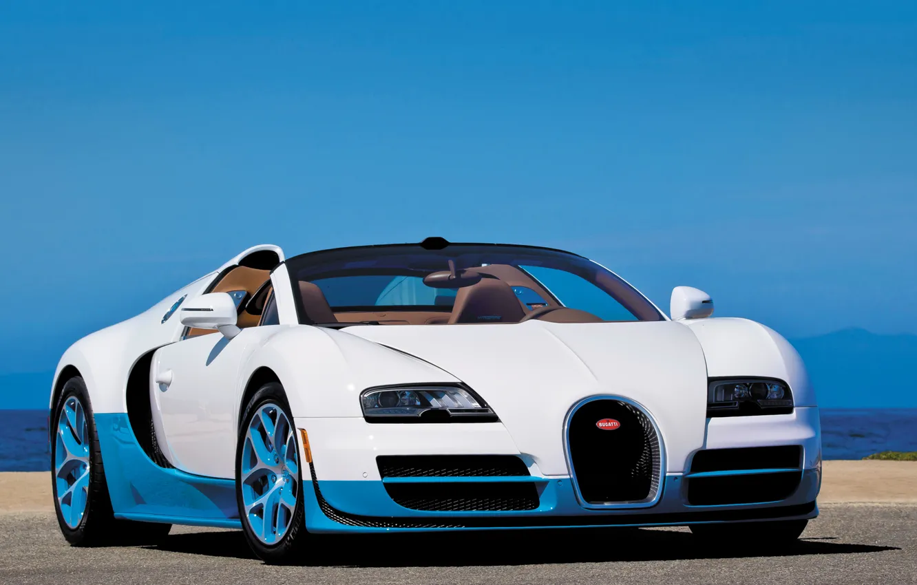 Photo wallpaper Roadster, white, Bugatti Veyron, blue, Grand Sport, Vitesse