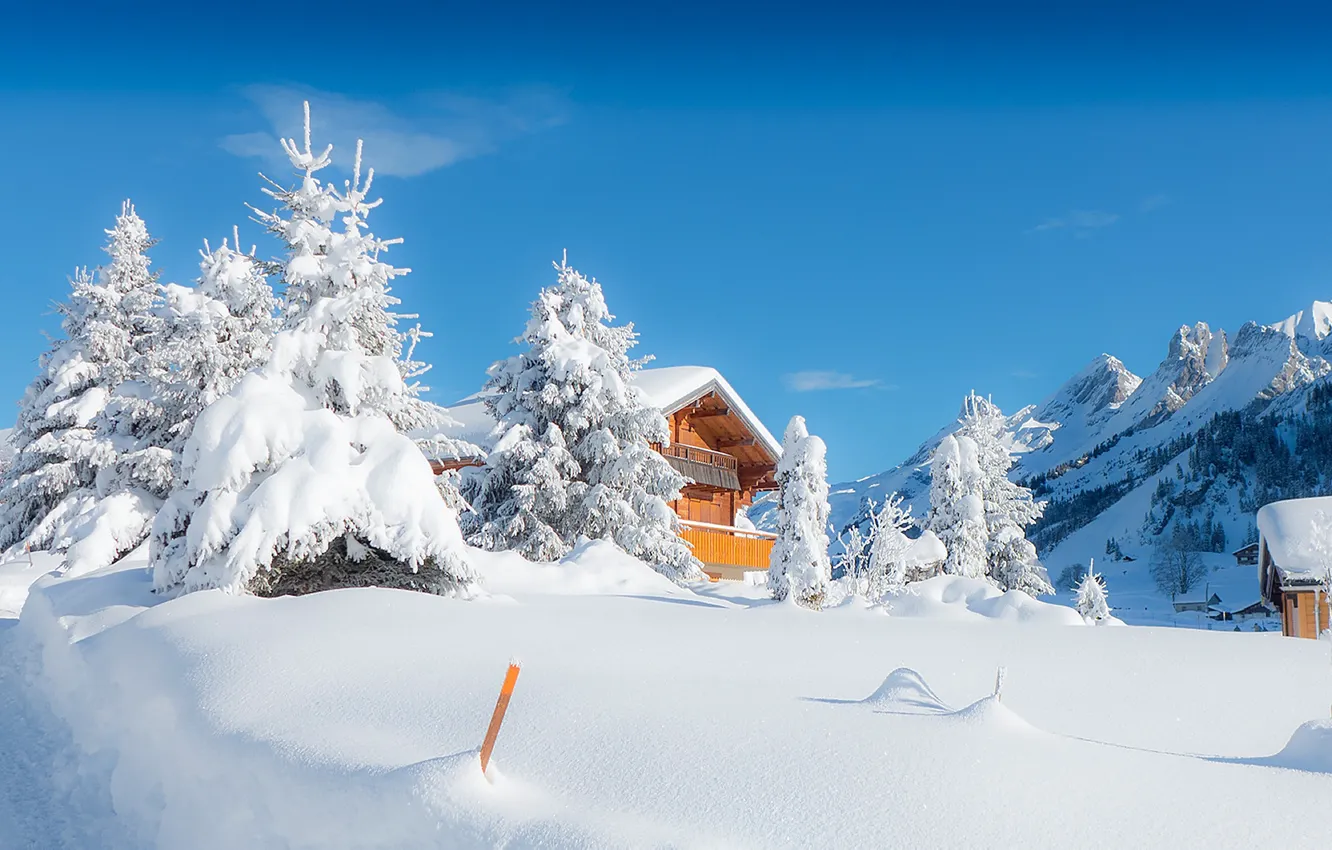 Photo wallpaper snow, mountains, house