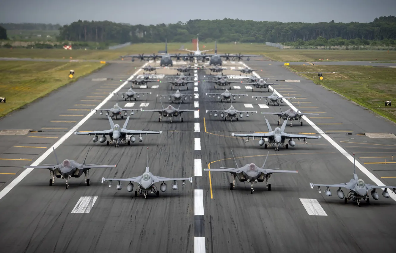 Photo wallpaper EA-18G Growler, F-35A Lightning II, Elephant Walk, F-16CM Fighting Falcon, MC-130J Commando II, C-12 Huron, …