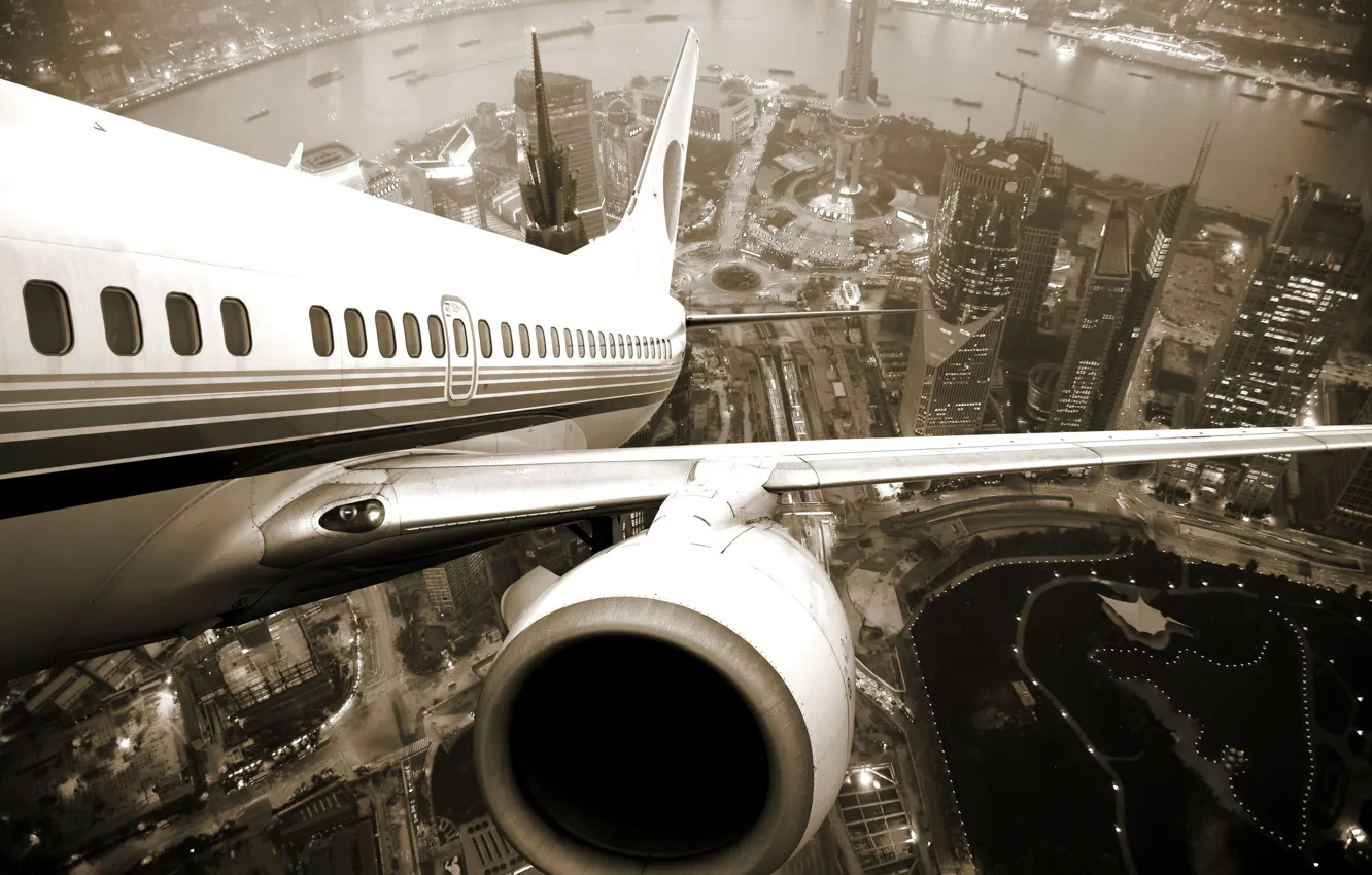 Photo wallpaper the city, river, engine, the window, the plane, the rise