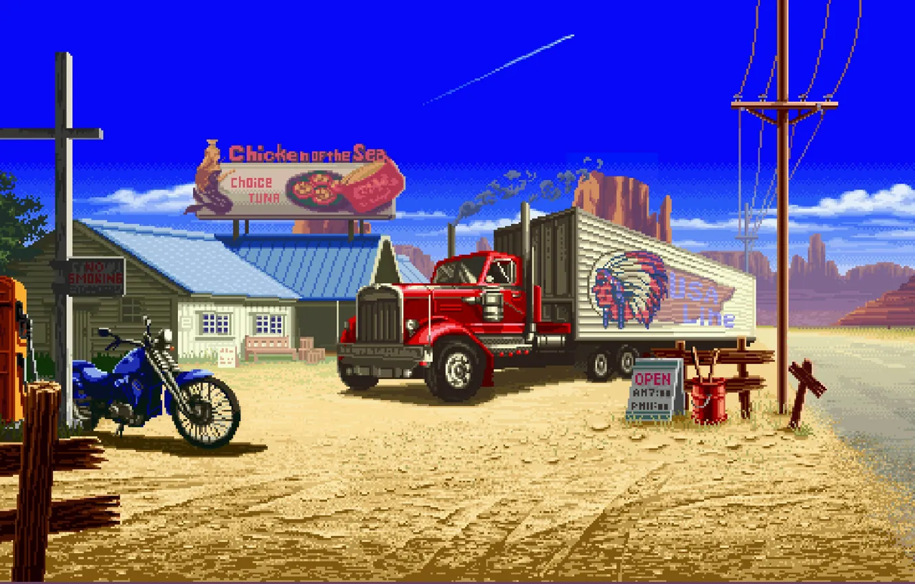 Photo wallpaper Red, Station, Truck, Motorcycle, Graphics, Pixels, 8Bit, 8bit
