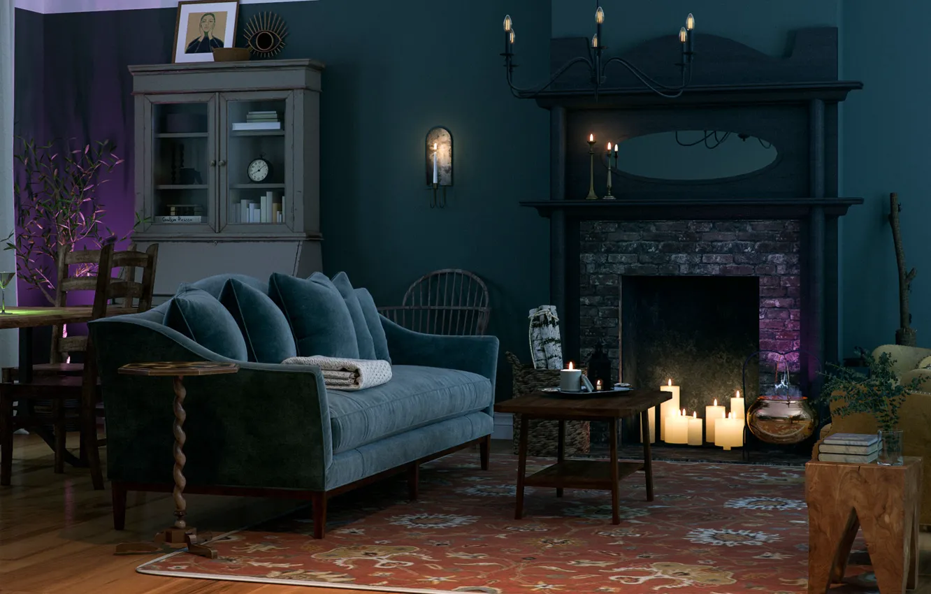 Photo wallpaper design, interior, candles, sofa, Shabby chic living room, Shabby Chic Style Living Room, Hocus-Pocus Inspired