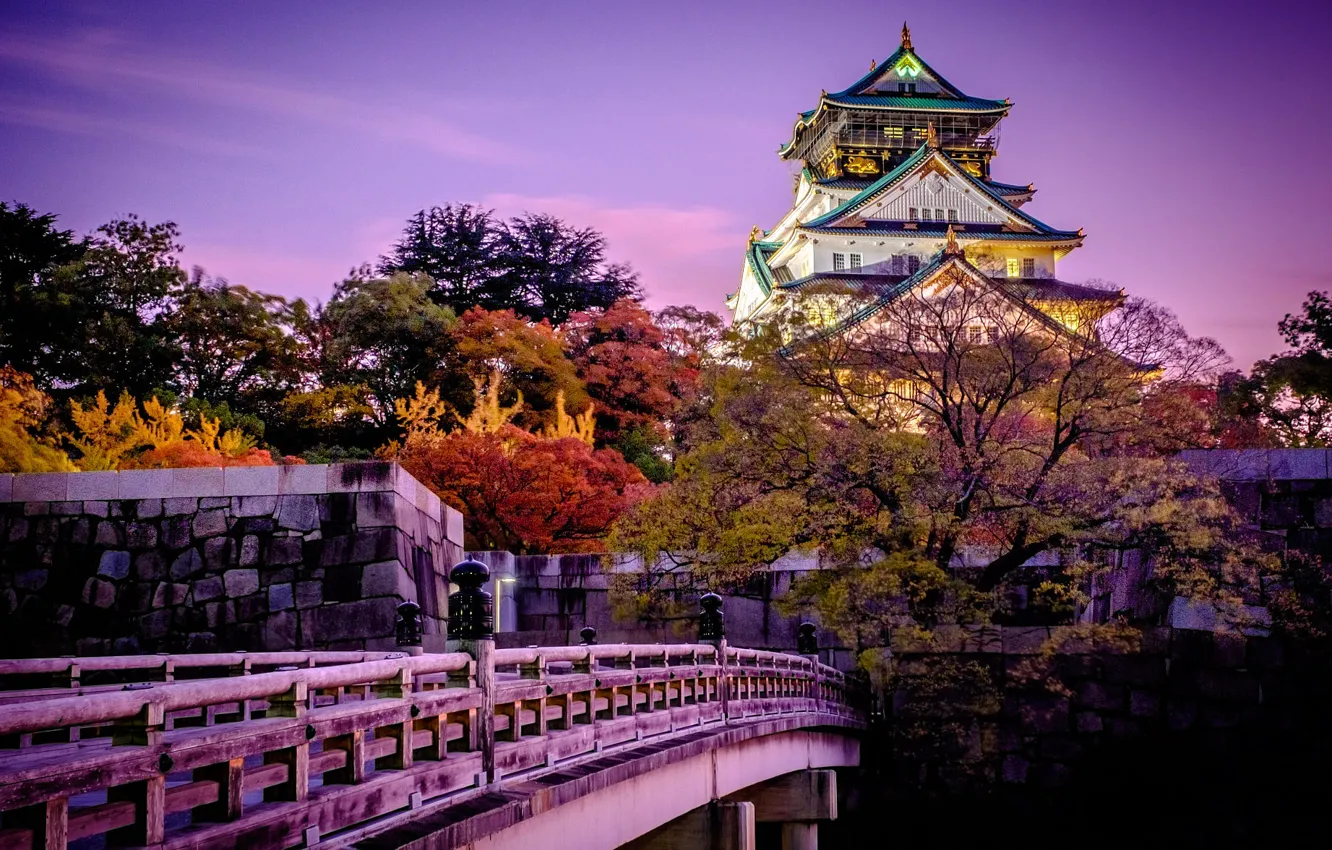 Photo wallpaper trees, sunset, bridge, the city, castle, Japan, garden, Osaka