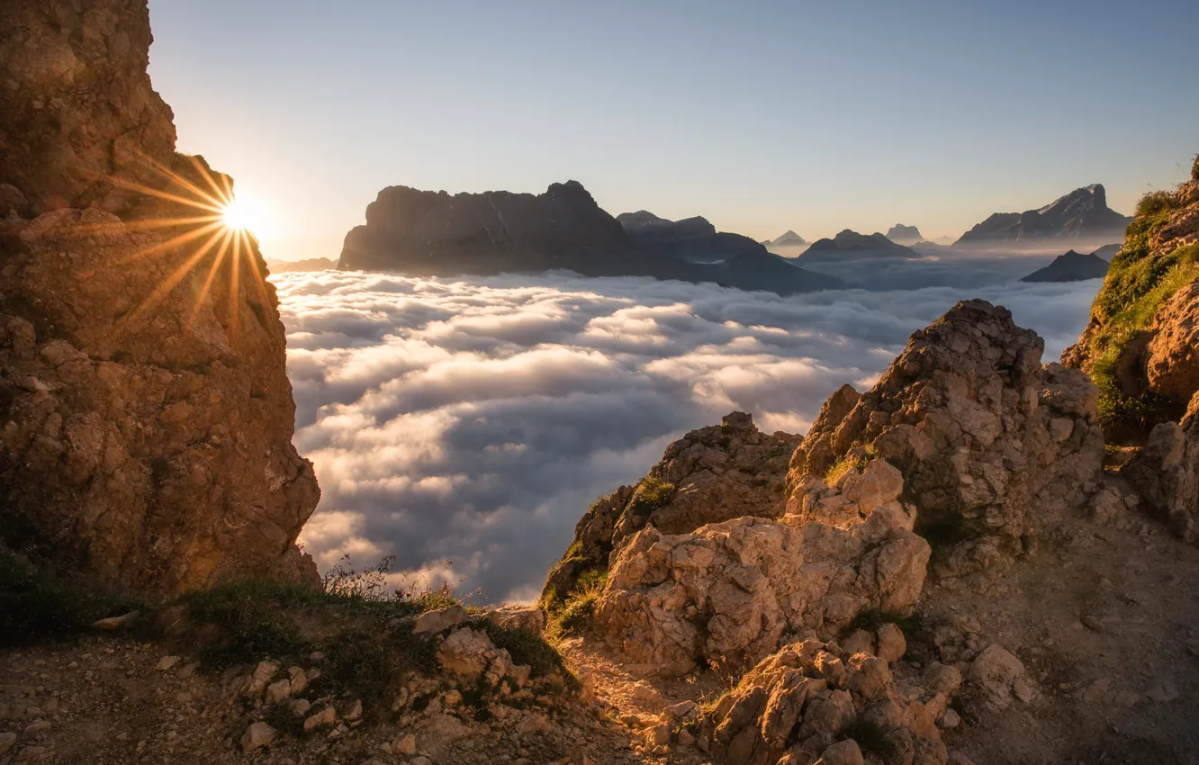 Photo wallpaper the sun, clouds, rays, mountains, nature, morning, Italy, The Dolomites