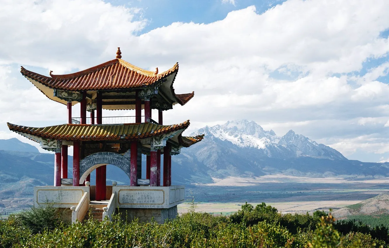 Photo wallpaper Mountains, Gazebo, China