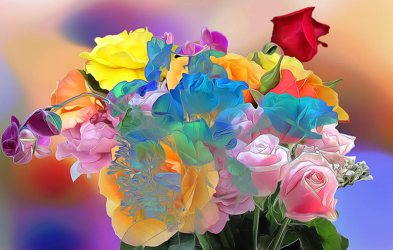 Photo wallpaper line, flowers, paint, rose, bouquet, petals