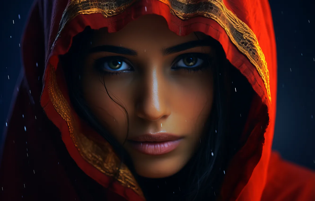 Photo wallpaper look, face, black background, shawl, Cape, charm, digital art, digital art