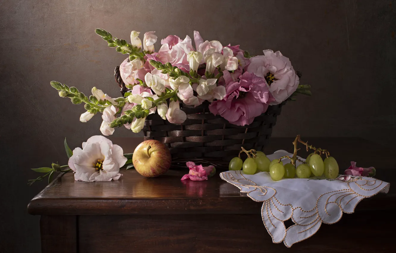 Photo wallpaper flowers, the dark background, table, apples, bouquet, grapes, fruit, still life