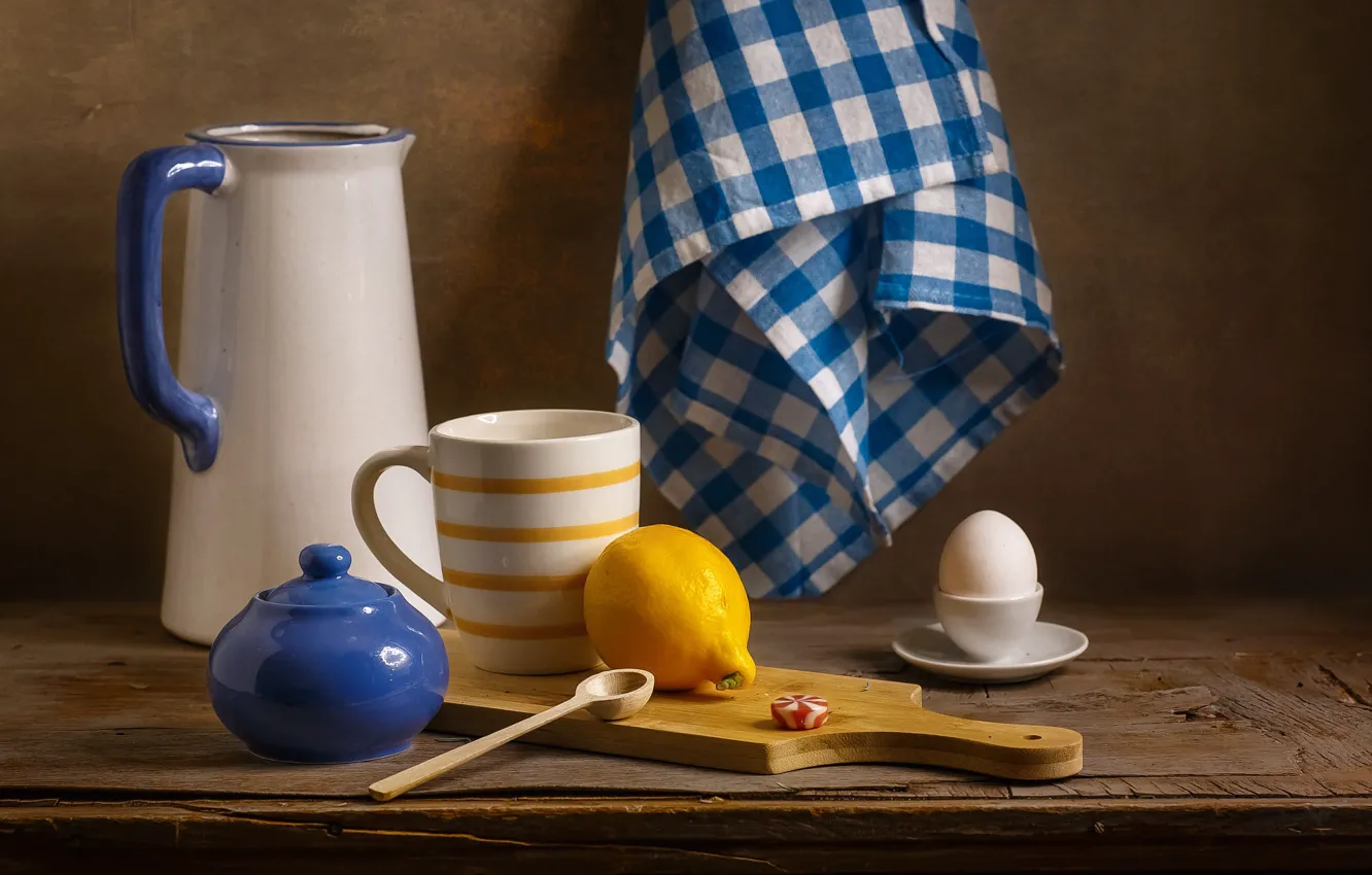Photo wallpaper table, lemon, eggs, towel, candy, spoon, mug, Cup
