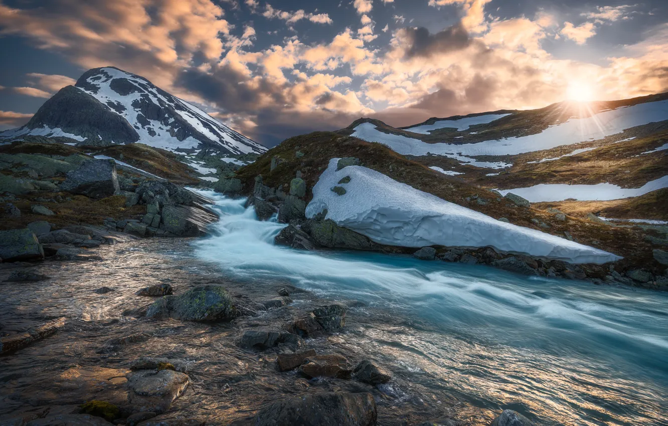 Photo wallpaper clouds, mountains, Norway, river
