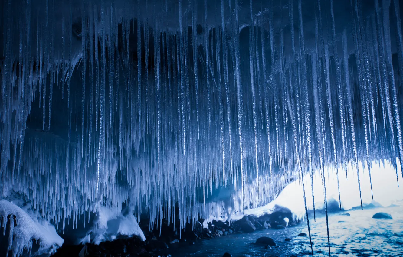 Photo wallpaper winter, water, nature, icicles, cave