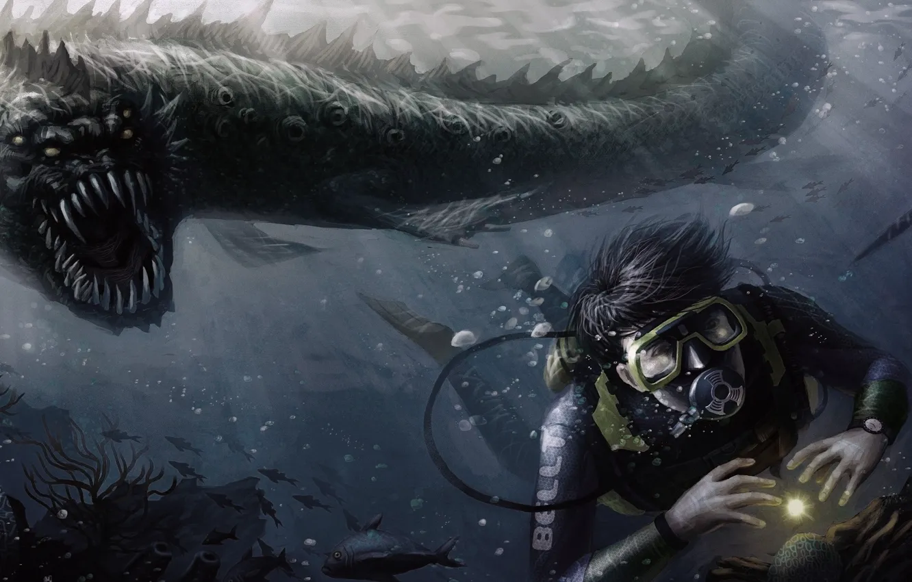 Photo wallpaper monster, the diver, pearl, hunting, monster, Under water