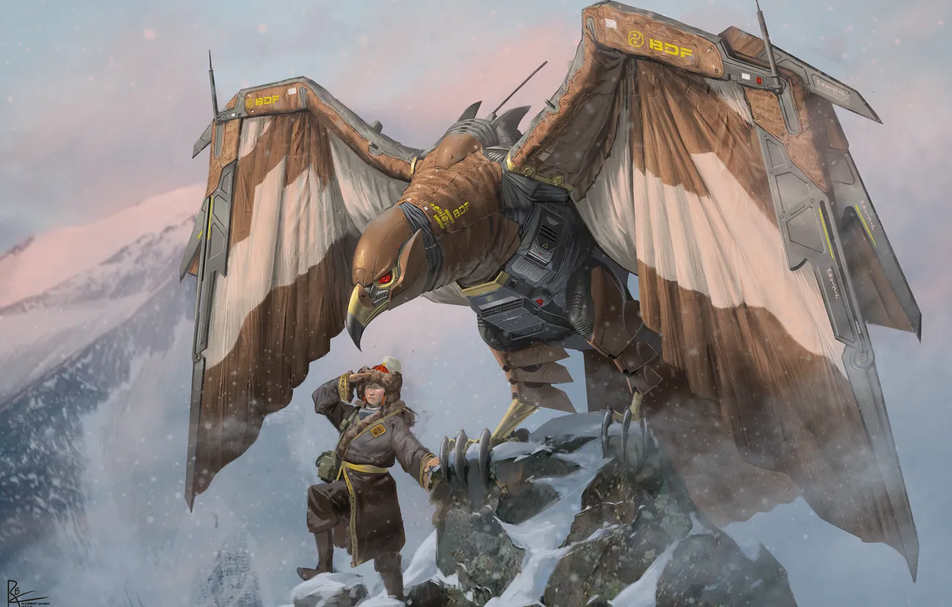 Photo wallpaper fiction, bird, people, robot, wings, art, Robert Chew