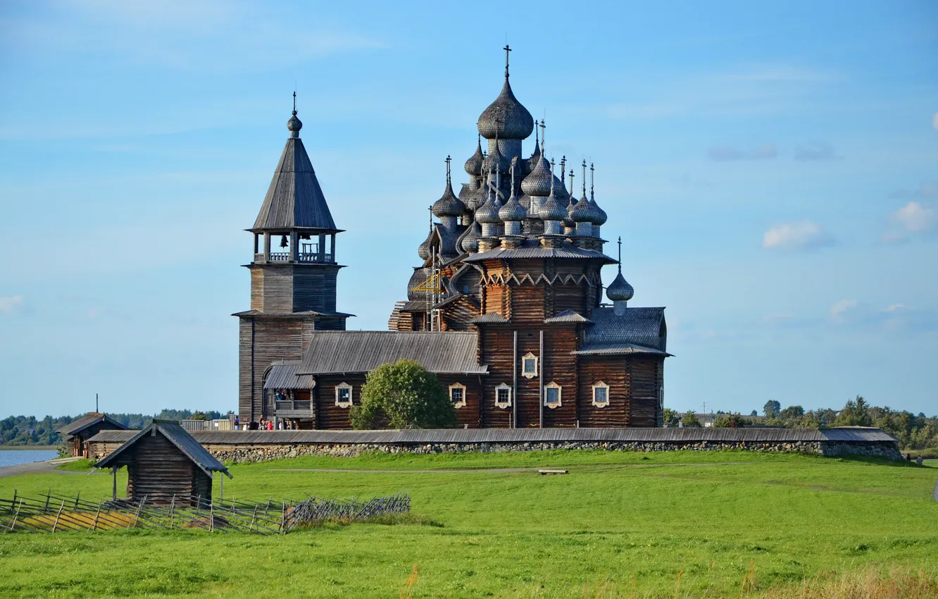 Photo wallpaper landscape, lake, island, Church, Russia, the dome, Karelia, Kizhi Pogost