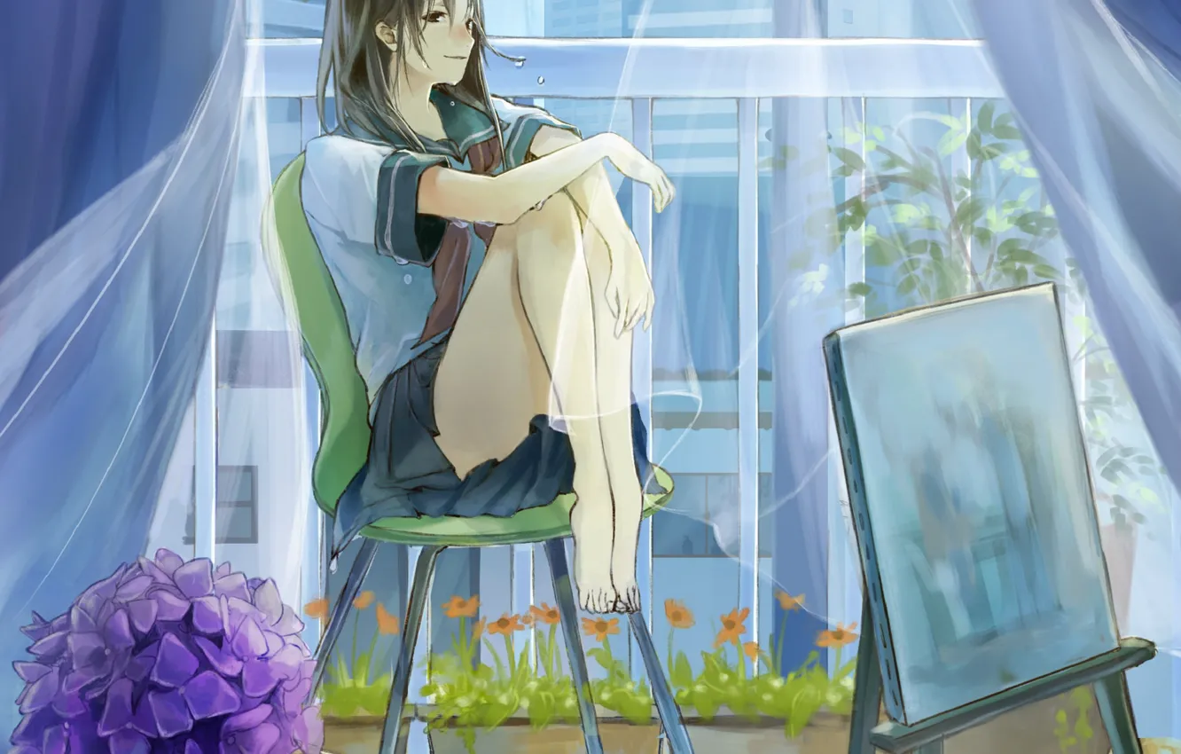 Photo wallpaper wet, barefoot, curtains, schoolgirl, in the room, on the chair, hydrangea, easel