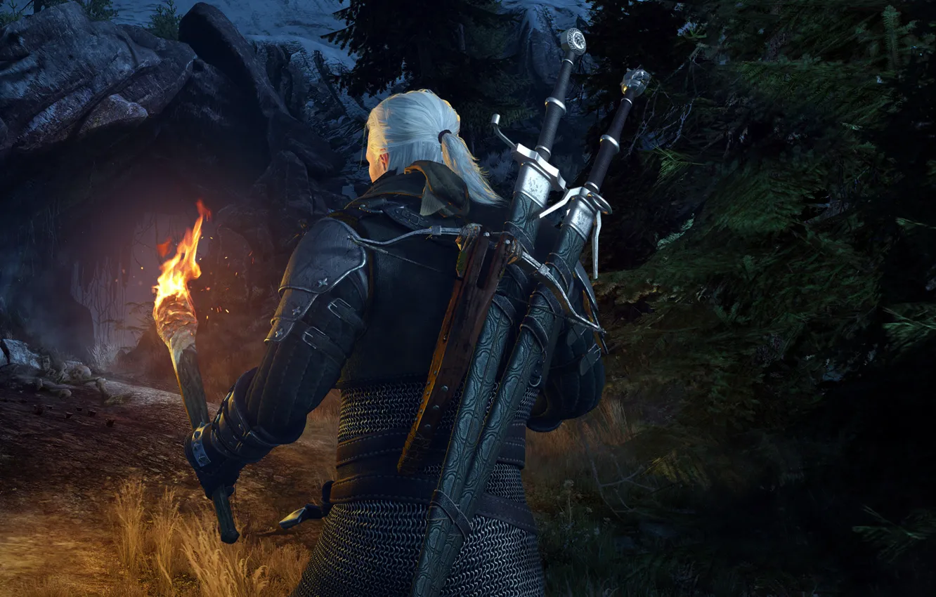 Photo wallpaper sword, torch, cave, The Wild Hunt, The Witcher, rpg, Geralt, crossbow