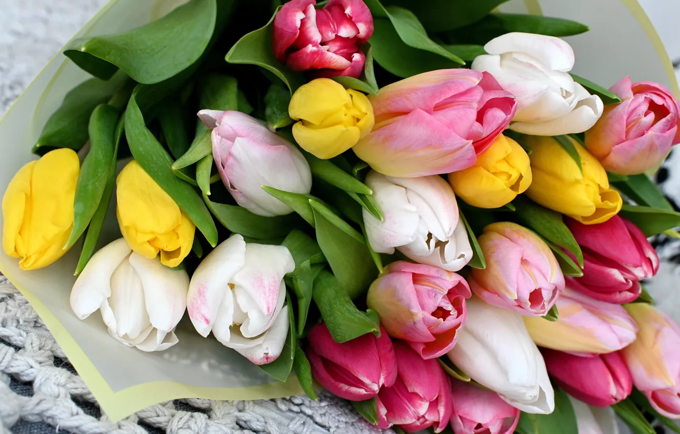 Photo wallpaper macro, flowers, yellow, bouquet, spring, tulips, lies, pink
