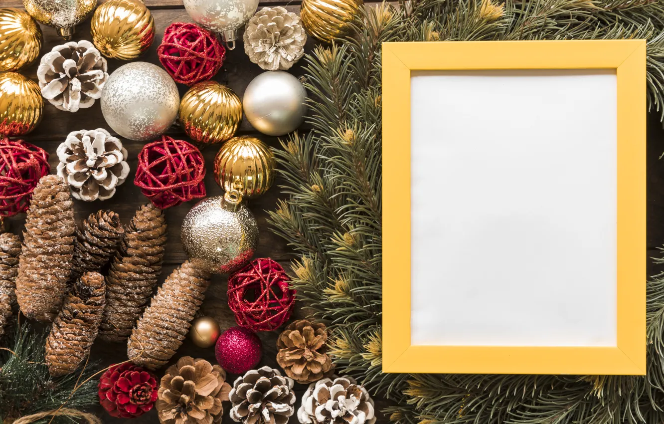 Photo wallpaper decoration, balls, new year, frame, Christmas, Christmas, balls, wood