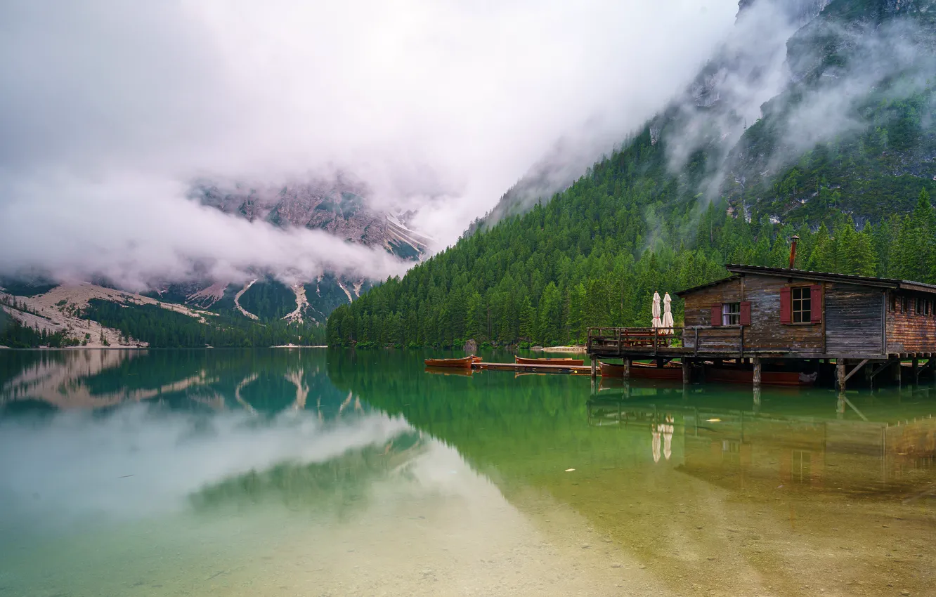 Photo wallpaper forest, clouds, mountains, fog, comfort, lake, house, reflection