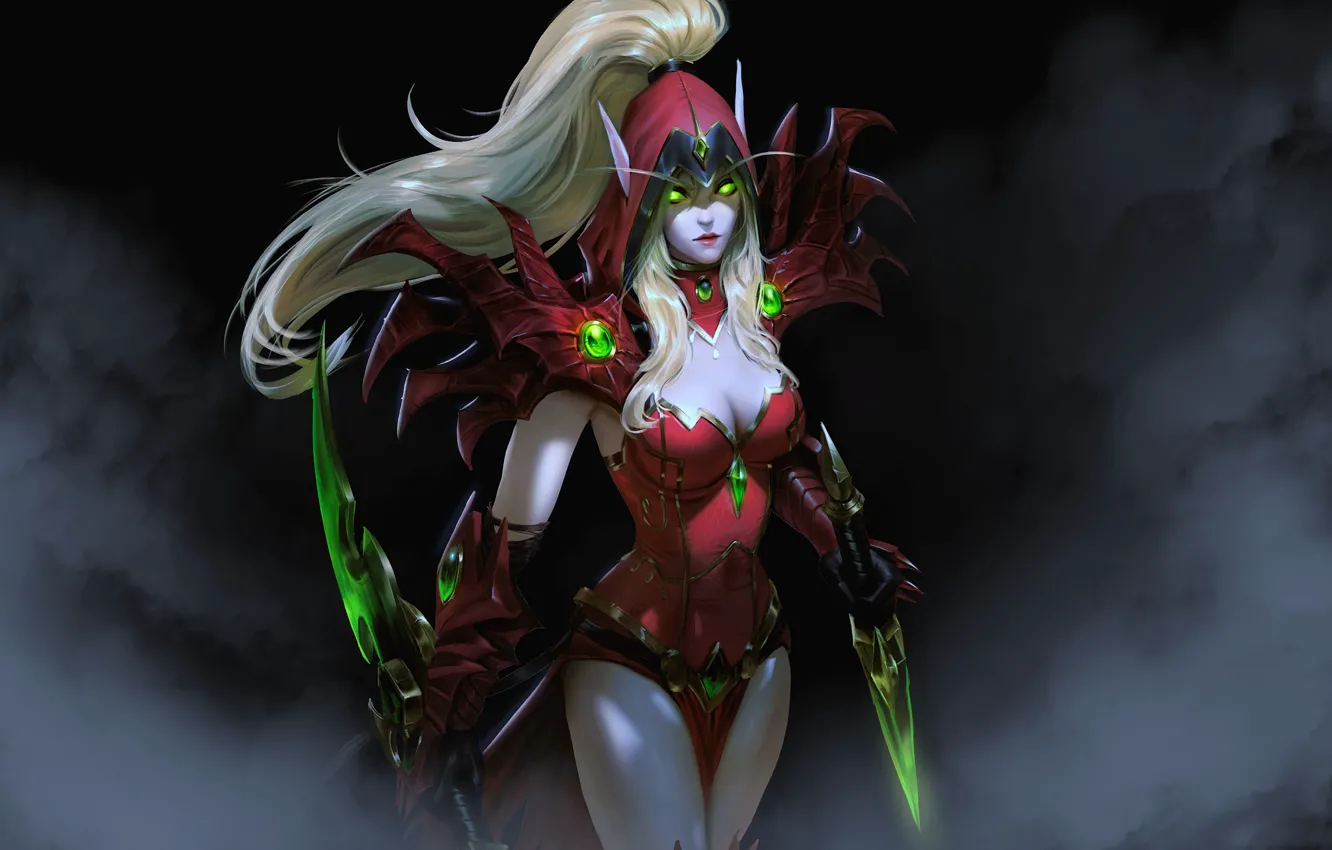 Photo wallpaper girl, sword, World of Warcraft, fantasy, game, cleavage, green eyes, weapon