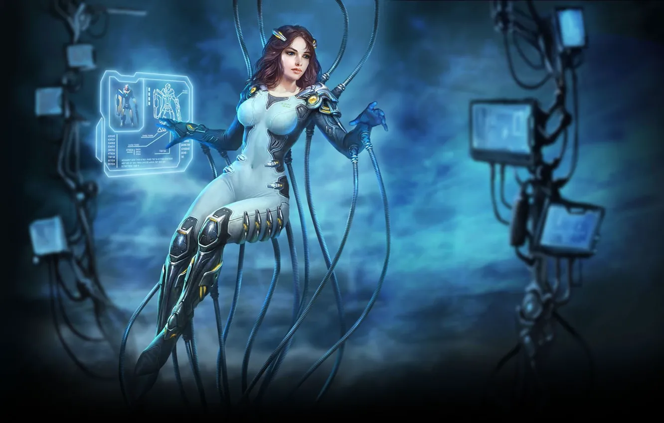 Photo wallpaper girl, interface, wire, figure, art, costume, cable, girl