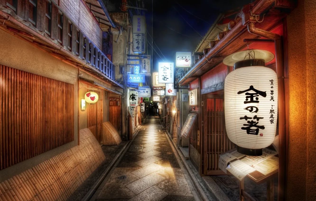 Photo wallpaper strip, road, Japan, signs, lantern, characters