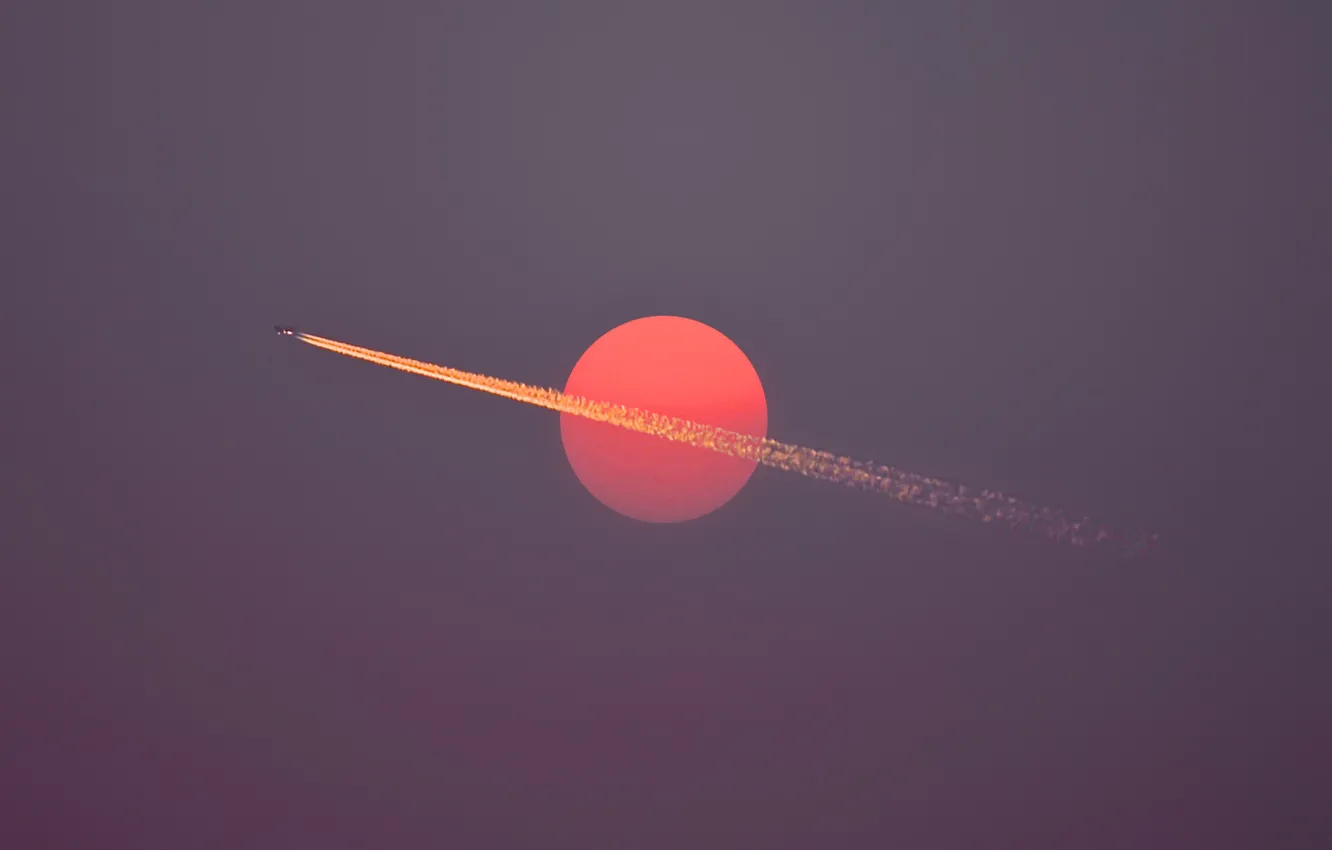 Photo wallpaper sky, flight, sun, airplane, dusk