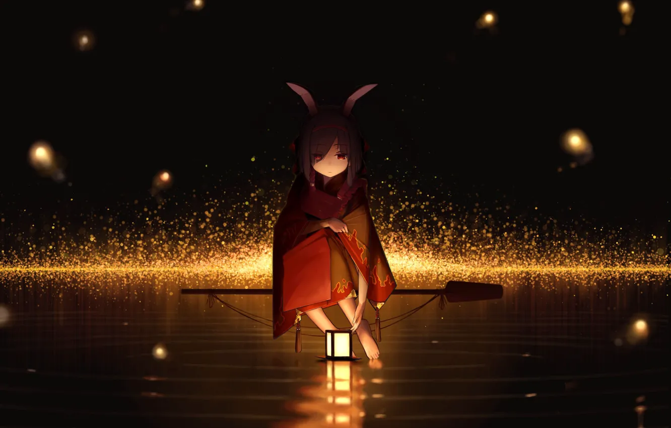 Photo wallpaper water, girl, night, lights, lights, ears, Azur Lane, Shiranui