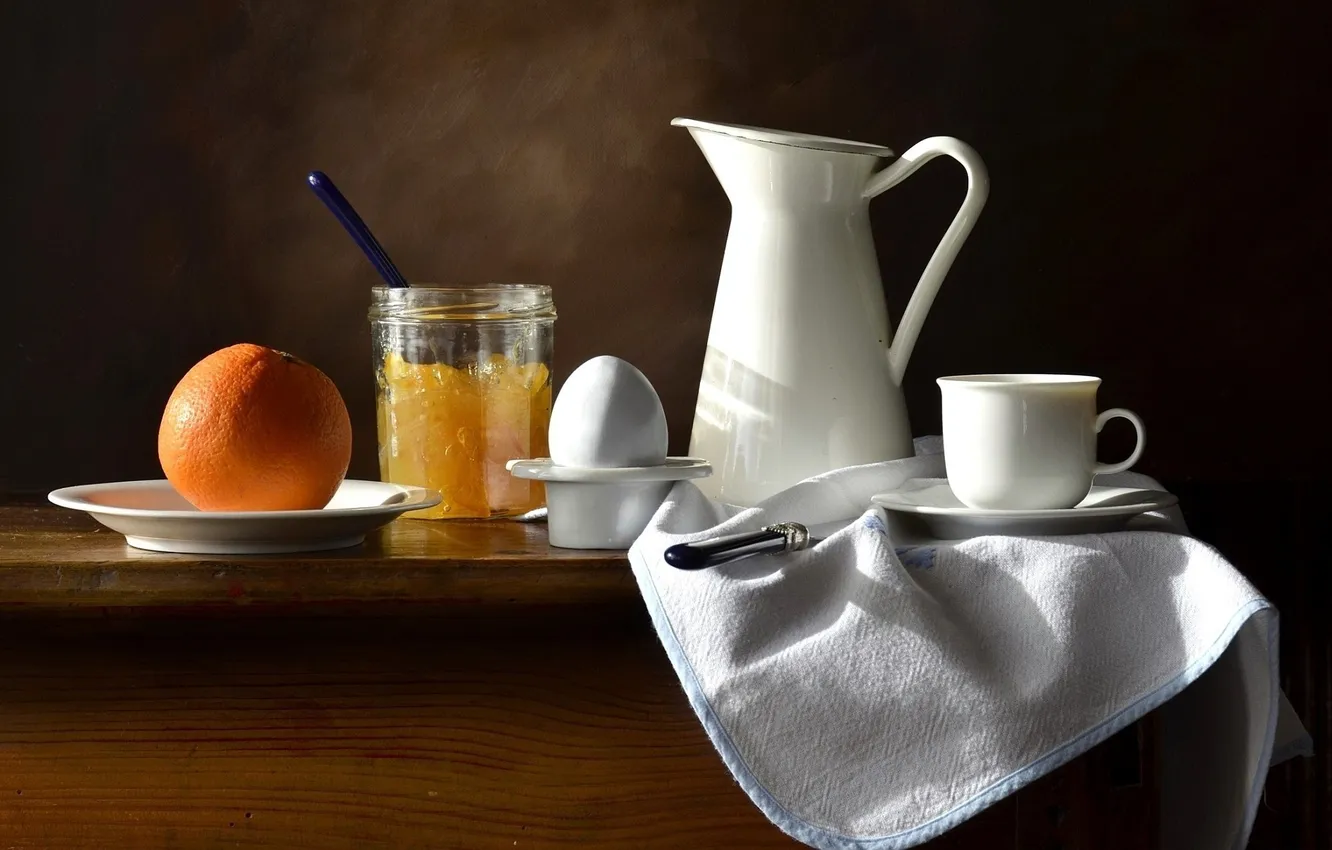 Photo wallpaper orange, food, eggs, Breakfast, knife, mug, pitcher, jam