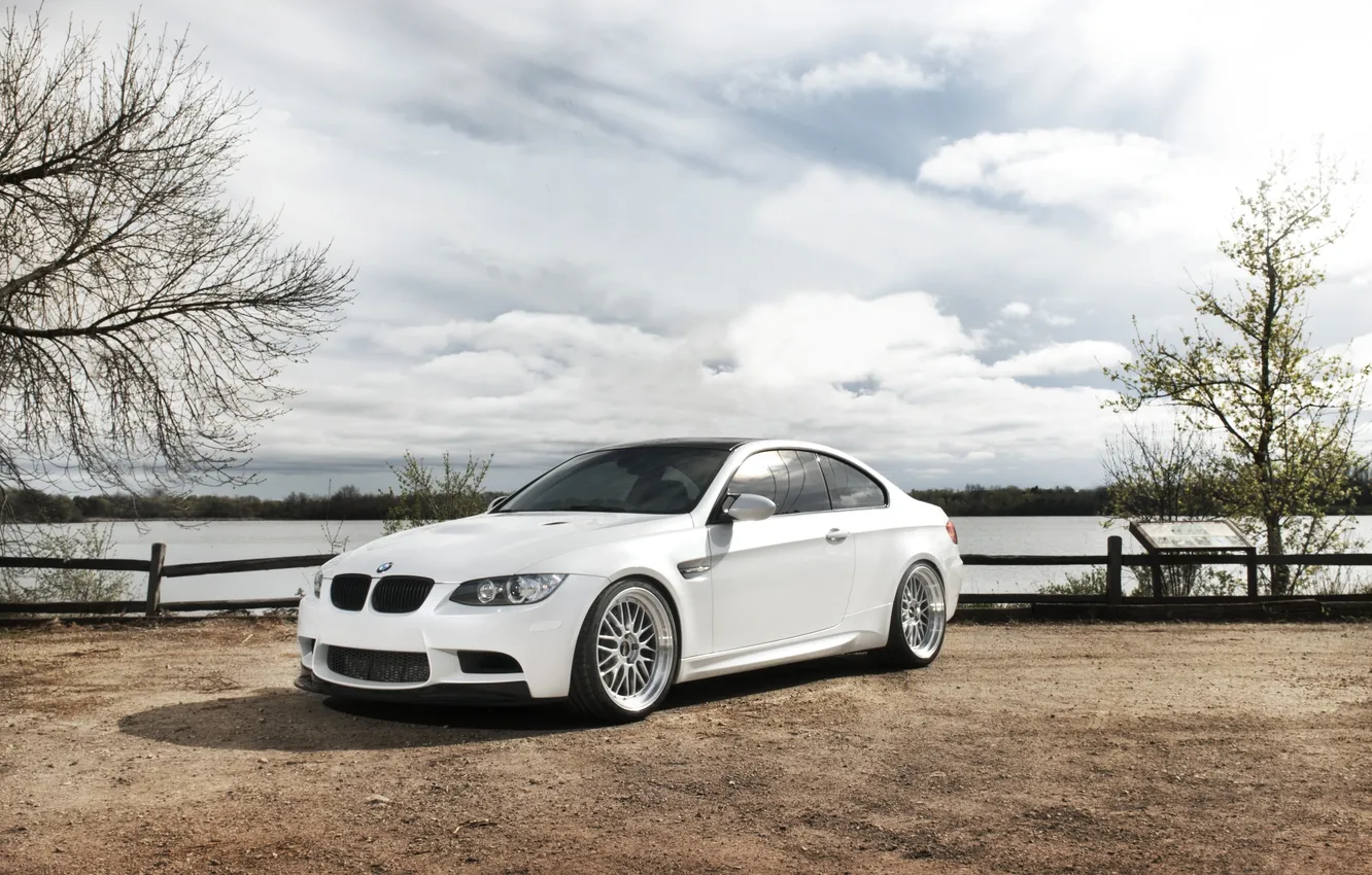 Photo wallpaper white, the sky, clouds, trees, reflection, river, bmw, BMW