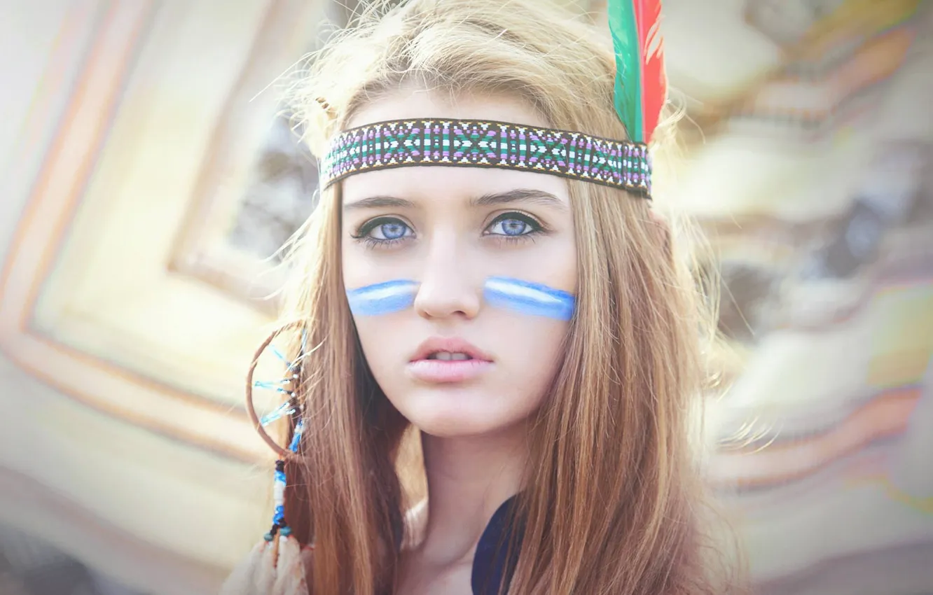 Photo wallpaper eyes, look, girl, face, background, feathers, paint