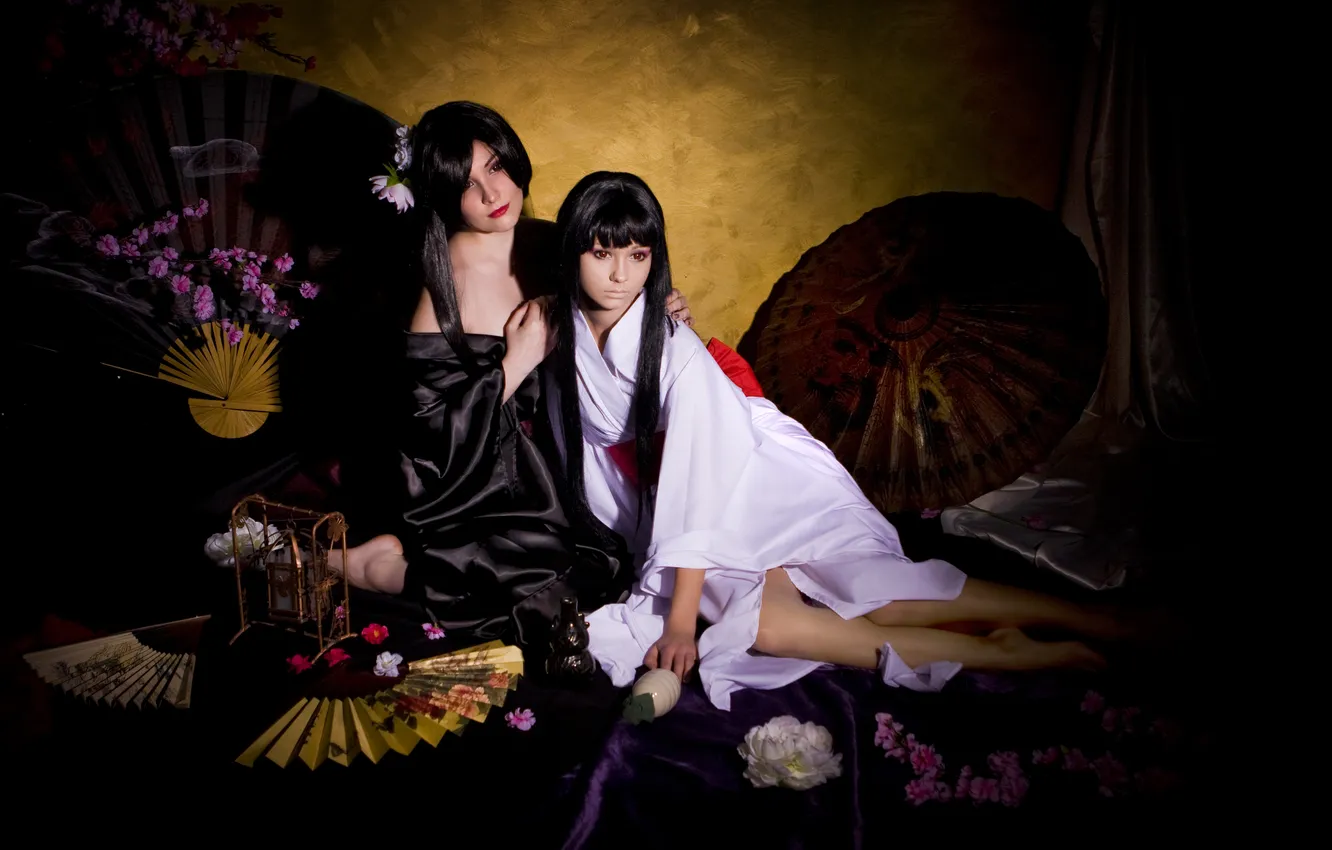 Photo wallpaper girl, flowers, umbrella, fan, kimono, red eyes, cosplay