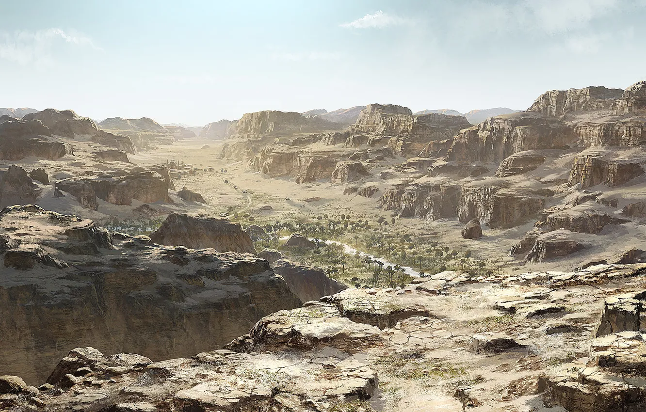 Photo wallpaper the sky, mountains, the city, palm trees, desert, valley, oasis