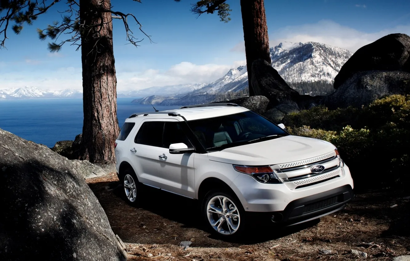 Photo wallpaper white, the sky, trees, mountains, stones, Ford, jeep, Ford
