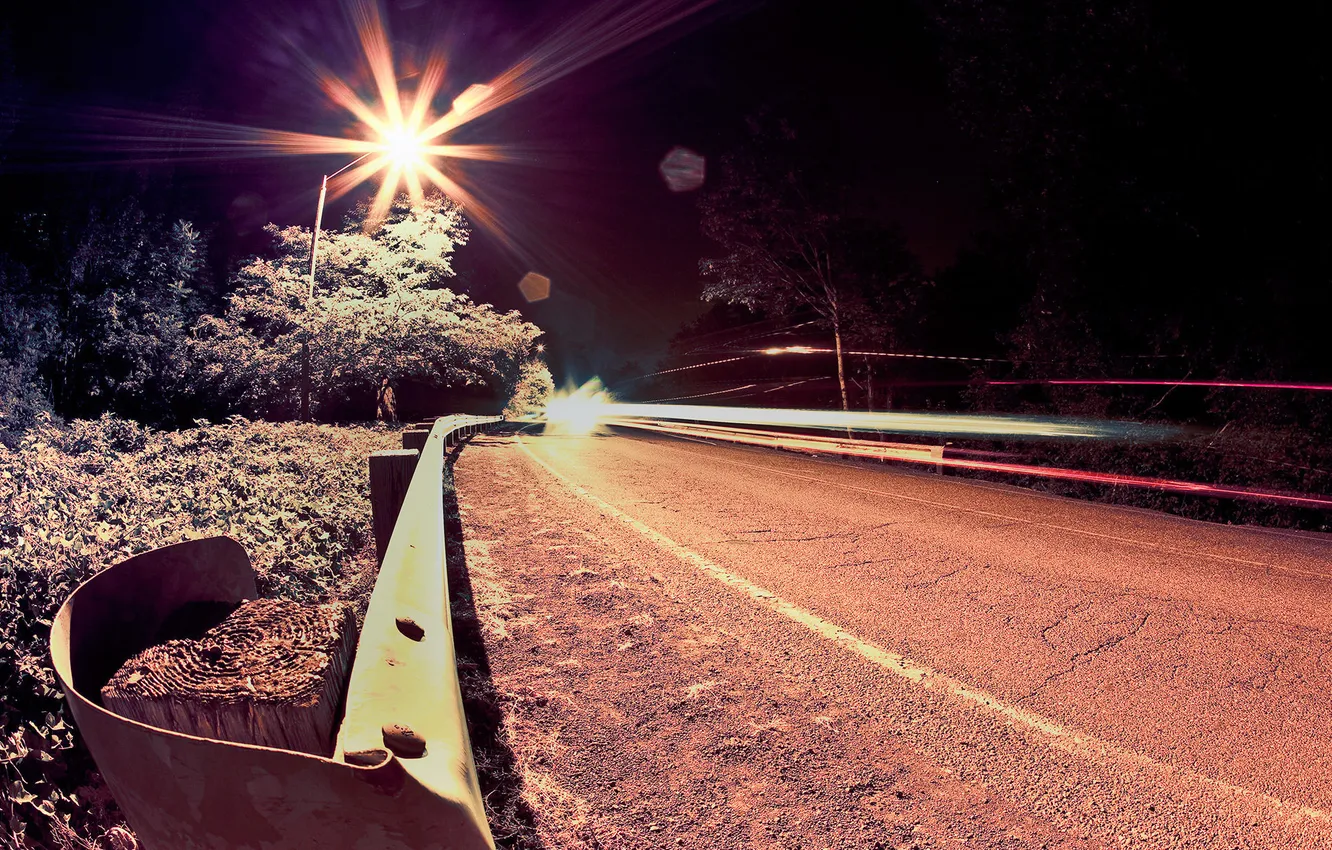 Photo wallpaper road, trees, night, lights, photo, background, Wallpaper, track