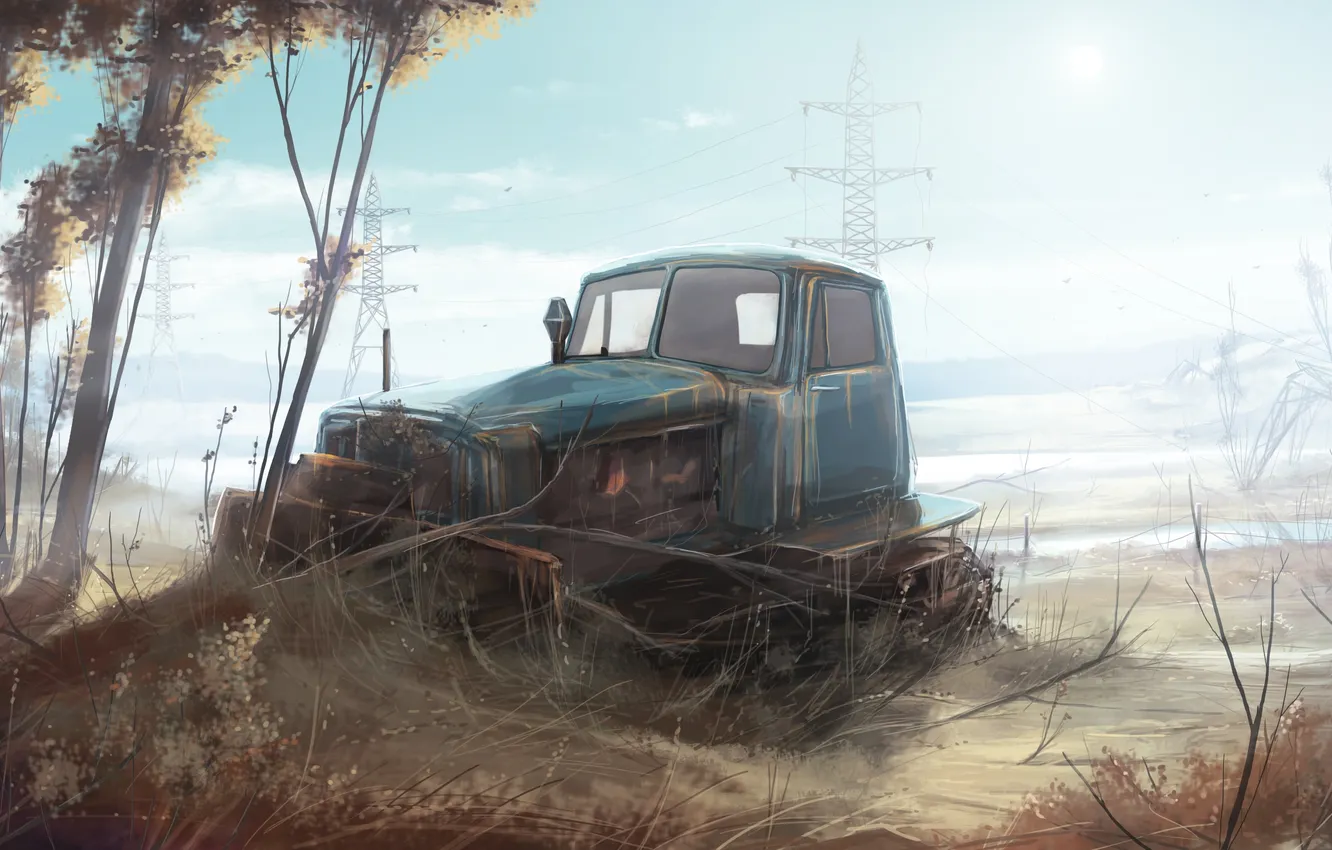 Photo wallpaper field, technique, art, crawler, tractor