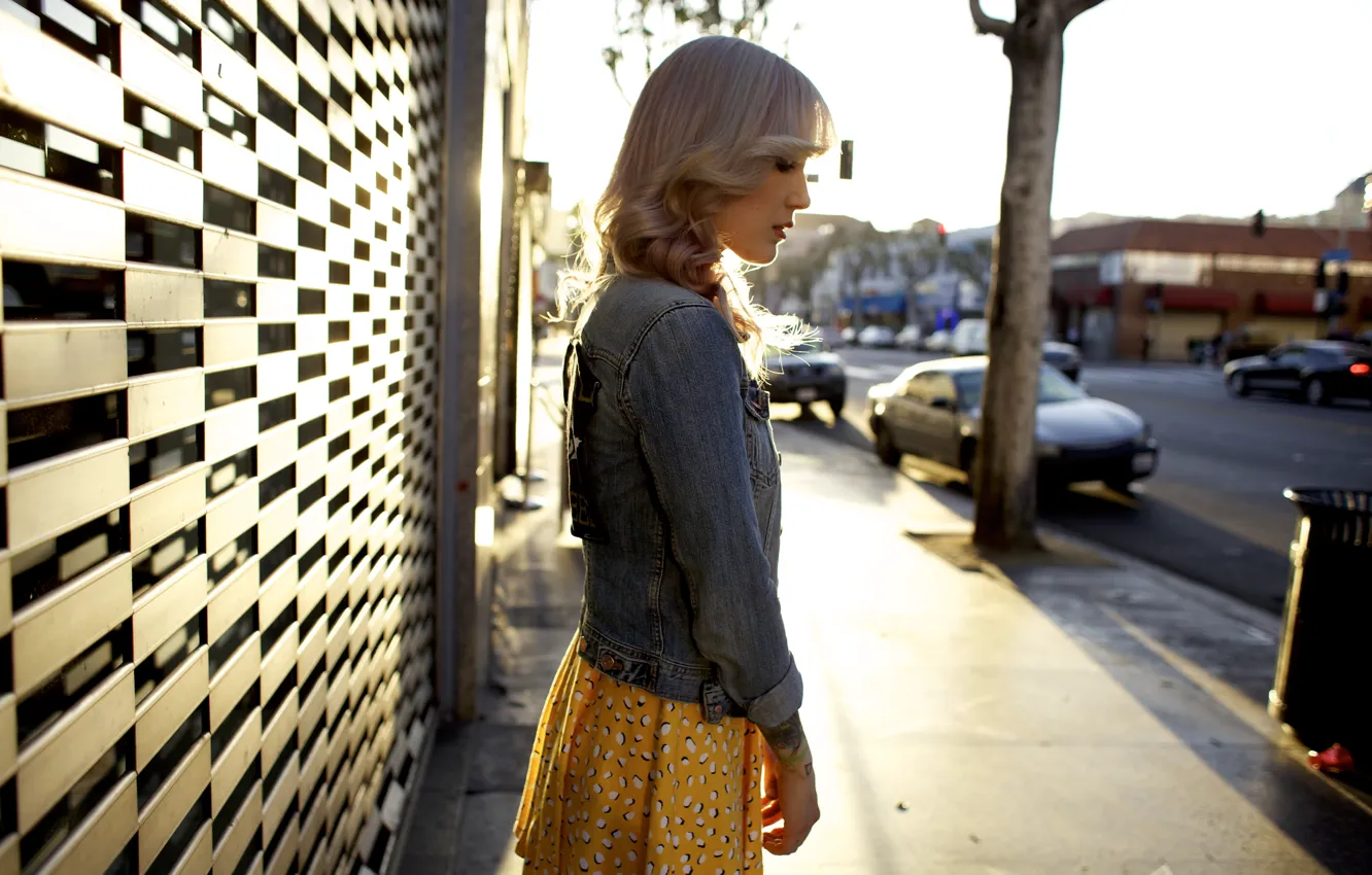 Photo wallpaper girl, cars, woman, model, street, tattoo, bokeh, blonde