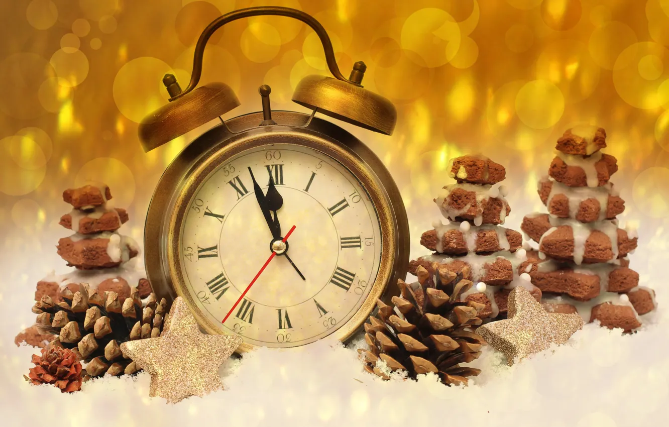 Photo wallpaper time, glare, background, holiday, watch, new year, cookies, alarm clock