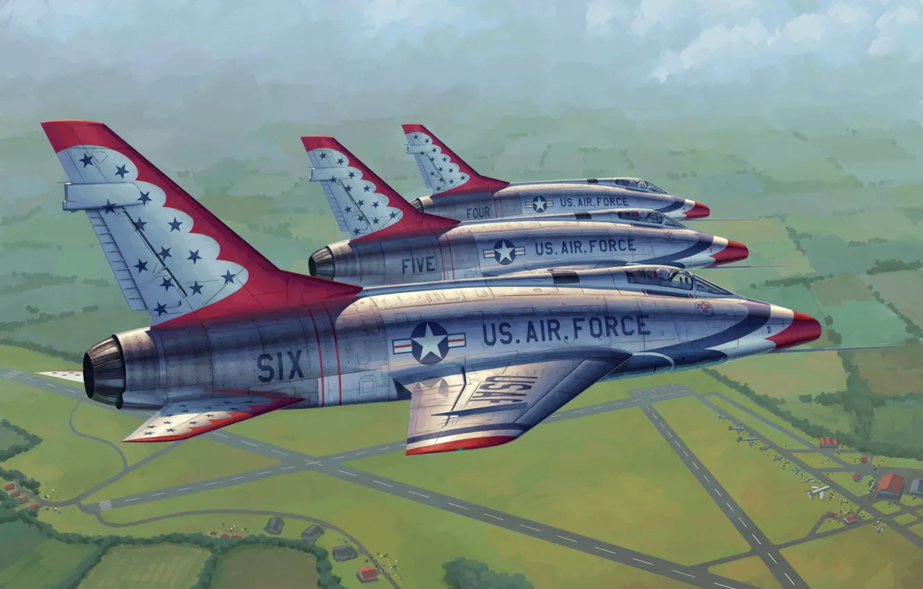 Photo wallpaper war, art, painting, aviation, jet, F 100D Thunderbirds