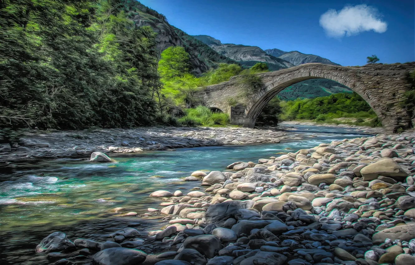 Photo wallpaper mountains, bridge, river, stones, France