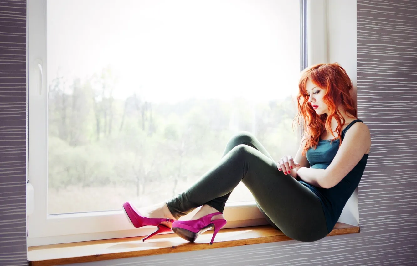 Photo wallpaper girl, young, beautiful, window, red-haired