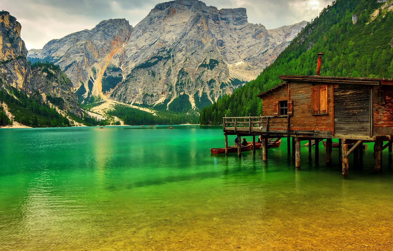 Photo wallpaper greens, trees, mountains, lake, rocks, boats, pier, Italy
