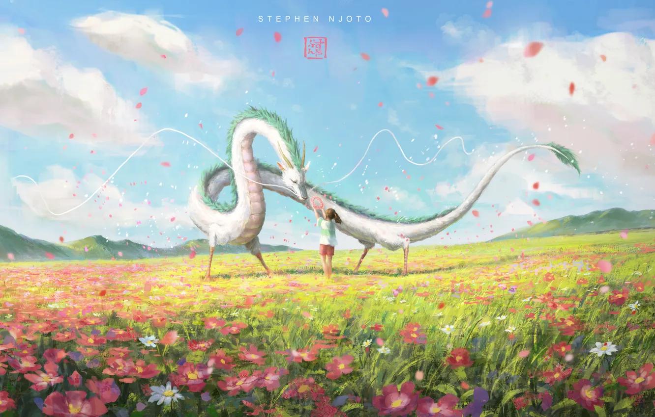 Photo wallpaper the sky, flowers, nature, dragon, fantasy, girl, Haku, Chihiro Ogino