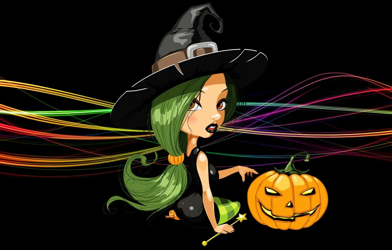 Photo wallpaper line, hat, pumpkin, witch, black background, sitting, green hair, Happy Halloween
