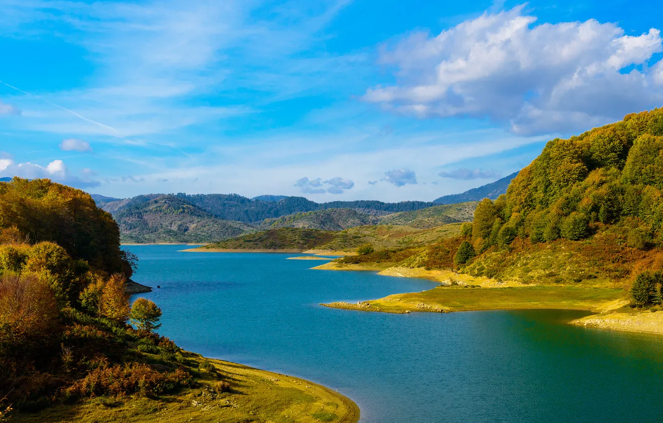 Photo wallpaper autumn, forest, lake, hills