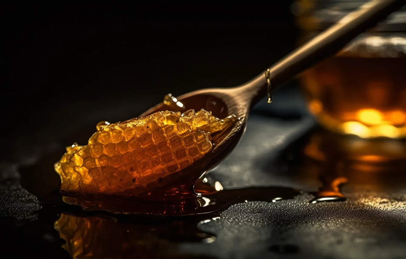 Photo wallpaper drops, table, cell, honey, spoon, Bank, wooden, black background