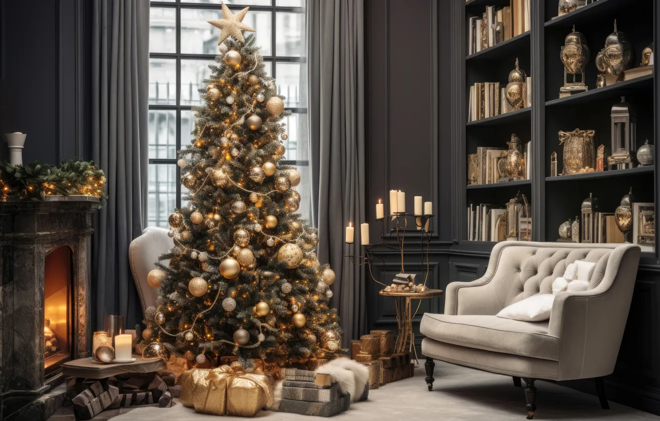 Photo wallpaper room, tree, new year, interior, Christmas, Christmas, tree, interior